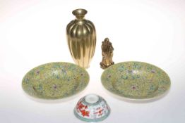 Two Chinese famille jaune dishes, tea bowl, vase and figure (5).