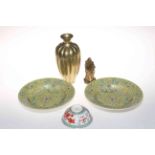Two Chinese famille jaune dishes, tea bowl, vase and figure (5).