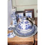 Chinese blue and white pottery stool, collection of Delft blue and white china including plaques,