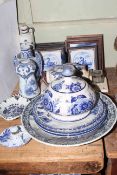 Chinese blue and white pottery stool, collection of Delft blue and white china including plaques,