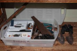 Collection of various tools, flat irons, binoculars, etc.