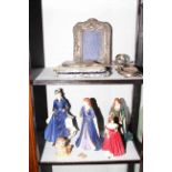 Worcester and other lady figures and silver pieces.