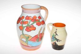 Clarice Cliff Pine Grove pattern jug, circa 1930, 16cm high, and a modern Clarice Cliff jug,