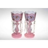 Pair Victorian pink glass lustres with drops.