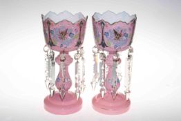 Pair Victorian pink glass lustres with drops.