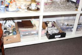 Four boxes of evening bags, glass, china, ephemera, etc.