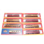 Seven boxed Hornby model railway carriages, and a Bachmann carriage.