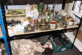 Collection of various dolls, records, brass and metalware, oil lamp, stoneware bottles,