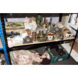 Collection of various dolls, records, brass and metalware, oil lamp, stoneware bottles,