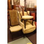Wing back armchair, pair of mahogany chairs and mahogany ball and claw foot stool.