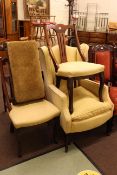 Wing back armchair, pair of mahogany chairs and mahogany ball and claw foot stool.