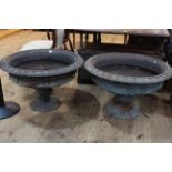 Pair large Victorian cast iron garden urns, 80cm diameter, 22cm high.