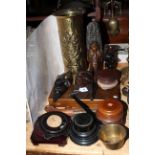 Wood carvings and vase stands, cutlery, etc.