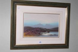 Watercolour of Moorland, signed ? Holmes, 26cm by 40cm, framed.