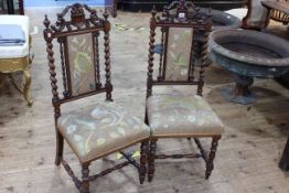 Pair Victorian side chairs with barley twist back supports.