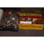 Collection of oil lamp parts, glass shades, brass chamber stick, etc.
