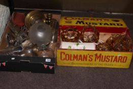 Collection of oil lamp parts, glass shades, brass chamber stick, etc.