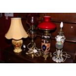 Aynsley Orchard Gold table lamp and three converted to electric oil lamps.