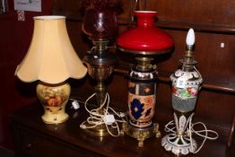 Aynsley Orchard Gold table lamp and three converted to electric oil lamps.