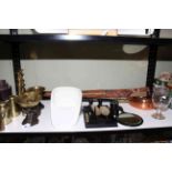 Vintage kitchen scales, brass weights, candlesticks, warming pan, ebony brush set, slipper pan,