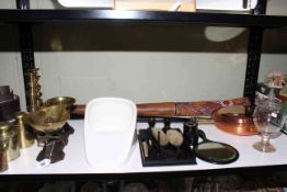 Vintage kitchen scales, brass weights, candlesticks, warming pan, ebony brush set, slipper pan,
