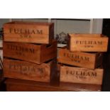 Set of six graduated Fulham SW6 wooden crates.
