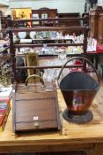 Victorian towel stand, coal scuttle with brass shovel and copper coal bucket (3).