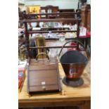 Victorian towel stand, coal scuttle with brass shovel and copper coal bucket (3).