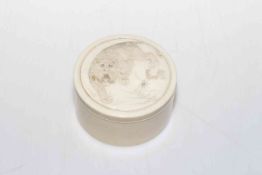 Japanese Meiji period carved ivory box with tiger lid, 9cm diameter.