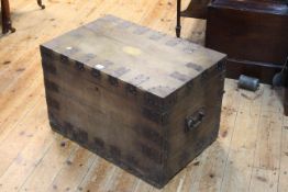 19th Century metal bound oak strong box with owners plaque Rev. Joseph C. Hoare.