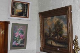 Gilt framed oil 'View on the Stour' after John Constable, small oil and needlework of roses (3).