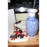 Large blue and white vase, large Coalport plate, damask napkins and three dolls.