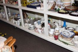 Full shelf of glass and china including teawares, Beswick Osprey decanter, jardiniere and stand,