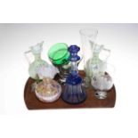 Six pieces of glassware including blue overlay decanter and stopper.