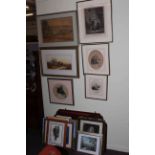 Large collection of watercolours, etchings, prints, wall mirror, etc.