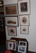 Large collection of watercolours, etchings, prints, wall mirror, etc.
