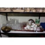 Oak mantel clock, assorted glassware, teaware, Sylvac stalk jug, pixie bulb bowl,