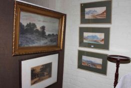 Three watercolours of Ireland rural scenes, John Sowden and another watercolour, and two prints (7).