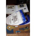 Box of mounted hinged worldwide stamps, PHQ cards in albums, stamp accessories and equipment.