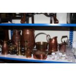 Copper coal scuttle, Ivan Wharton copper churn, brass teapots and jam pans, copper and brass jug,