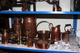 Copper coal scuttle, Ivan Wharton copper churn, brass teapots and jam pans, copper and brass jug,