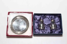 Boxed silver salt and pepper, and small silver dish.