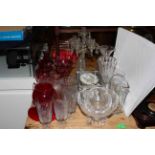 Collection of glasswares including ruby pieces, antique decanter and celery vases, etc.