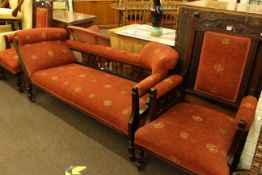 Edwardian mahogany three piece parlour suite comprising chaise longue and ladies and gents chairs.