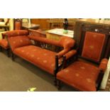 Edwardian mahogany three piece parlour suite comprising chaise longue and ladies and gents chairs.