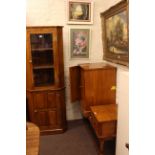 Medium oak finish double corner cupboard, telephone seat and hi-fi cabinet.