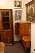 Medium oak finish double corner cupboard, telephone seat and hi-fi cabinet.