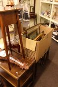 Nest of three tables, oak plant stand, trolley, barometer, Demi Lune hall table, chrome firescreen,