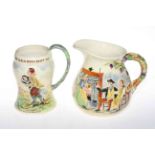 Two Crown Devon Fieldings 'Auld Lang Syne' and 'On Ilkla Moor Baht At' musical jugs,