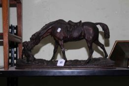 Victorian cast metal sculpture of a horse and hound dog, 47cm by 25cm.